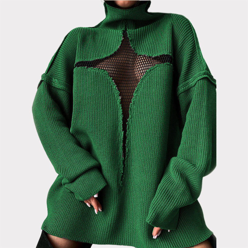 Hollow Out Mesh Knitted Loose Pullover Patchwork Sweater
