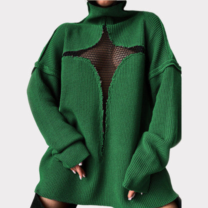 Hollow Out Mesh Knitted Loose Pullover Patchwork Sweater