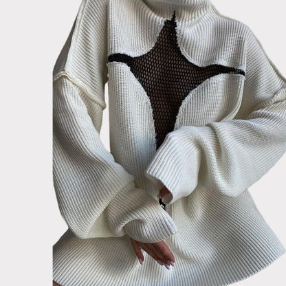 Hollow Out Mesh Knitted Loose Pullover Patchwork Sweater