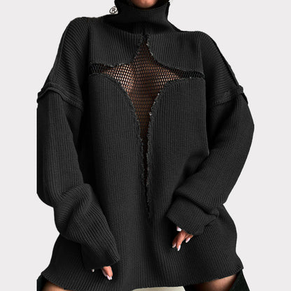 Hollow Out Mesh Knitted Loose Pullover Patchwork Sweater