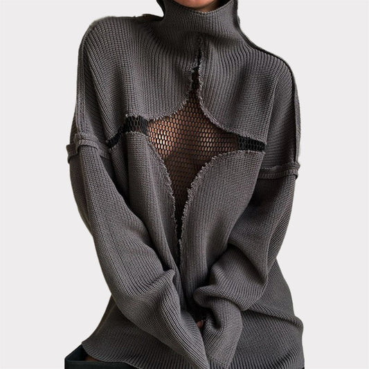 Hollow Out Mesh Knitted Loose Pullover Patchwork Sweater