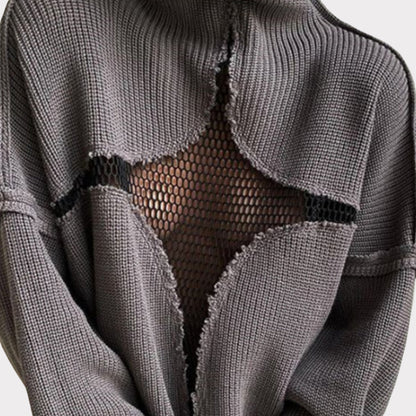Hollow Out Mesh Knitted Loose Pullover Patchwork Sweater