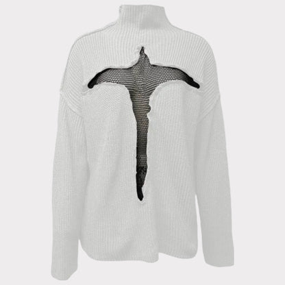 Hollow Out Mesh Knitted Loose Pullover Patchwork Sweater