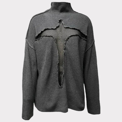 Hollow Out Mesh Knitted Loose Pullover Patchwork Sweater