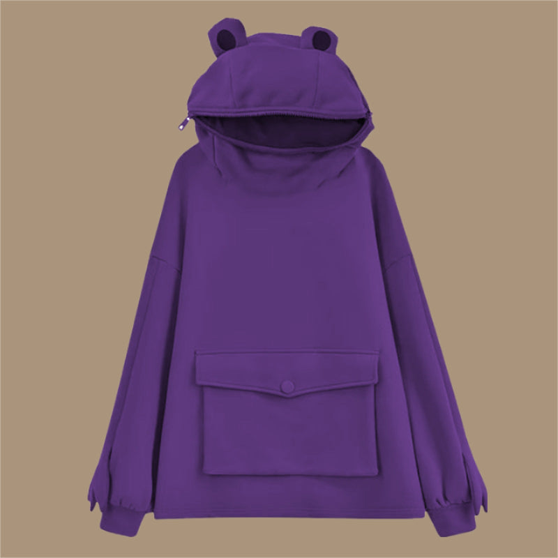 Gestrickter Frosch-Kapuzenpullover mit Briefkastentasche 