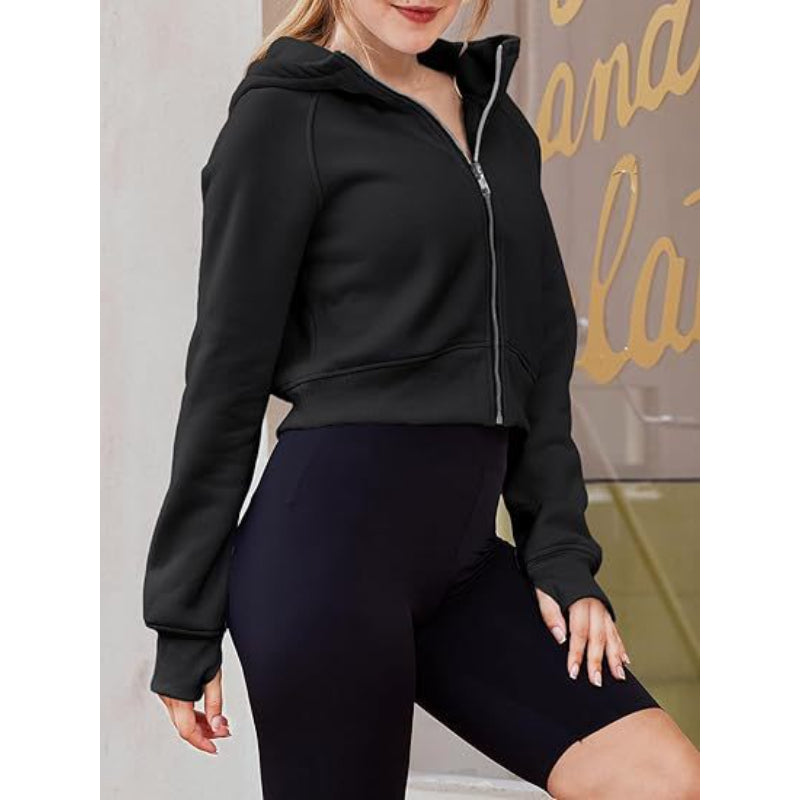 Long Sleeve Casual Velvet Zipper Short Sweatshirt Hoodie