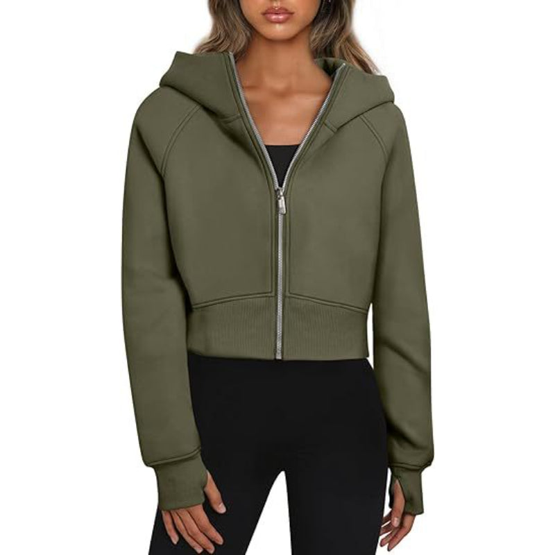 Long Sleeve Casual Velvet Zipper Short Sweatshirt Hoodie