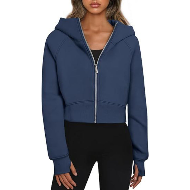 Long Sleeve Casual Velvet Zipper Short Sweatshirt Hoodie