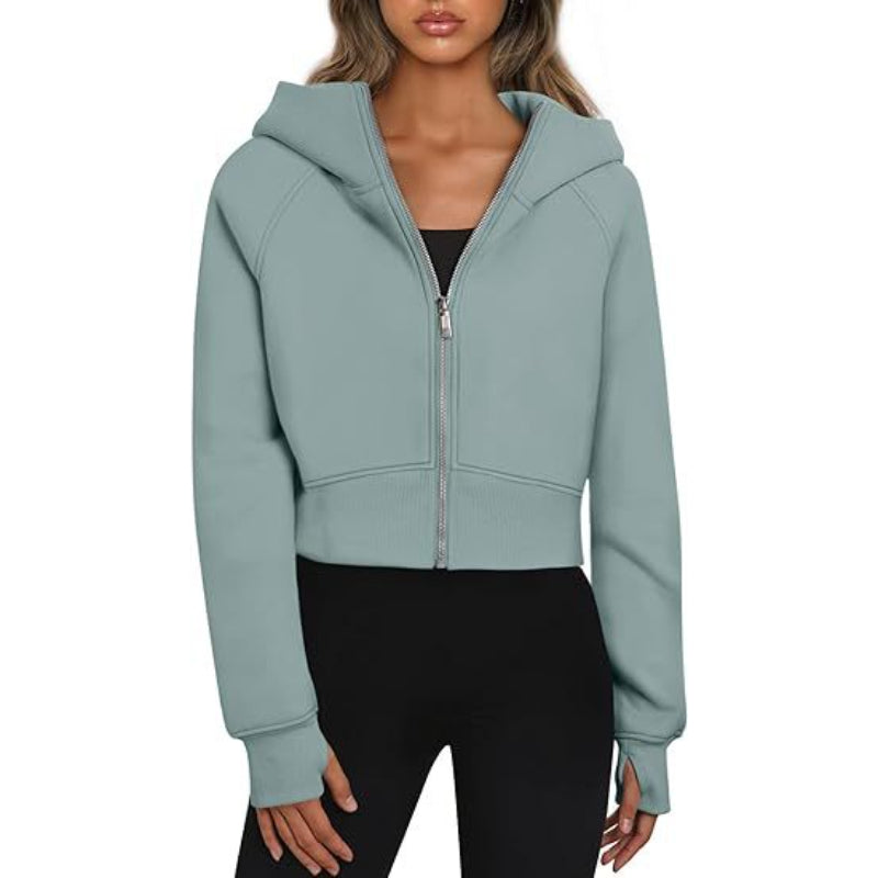 Long Sleeve Casual Velvet Zipper Short Sweatshirt Hoodie