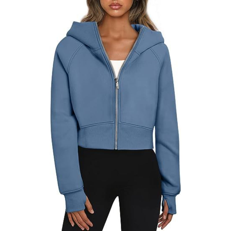 Long Sleeve Casual Velvet Zipper Short Sweatshirt Hoodie