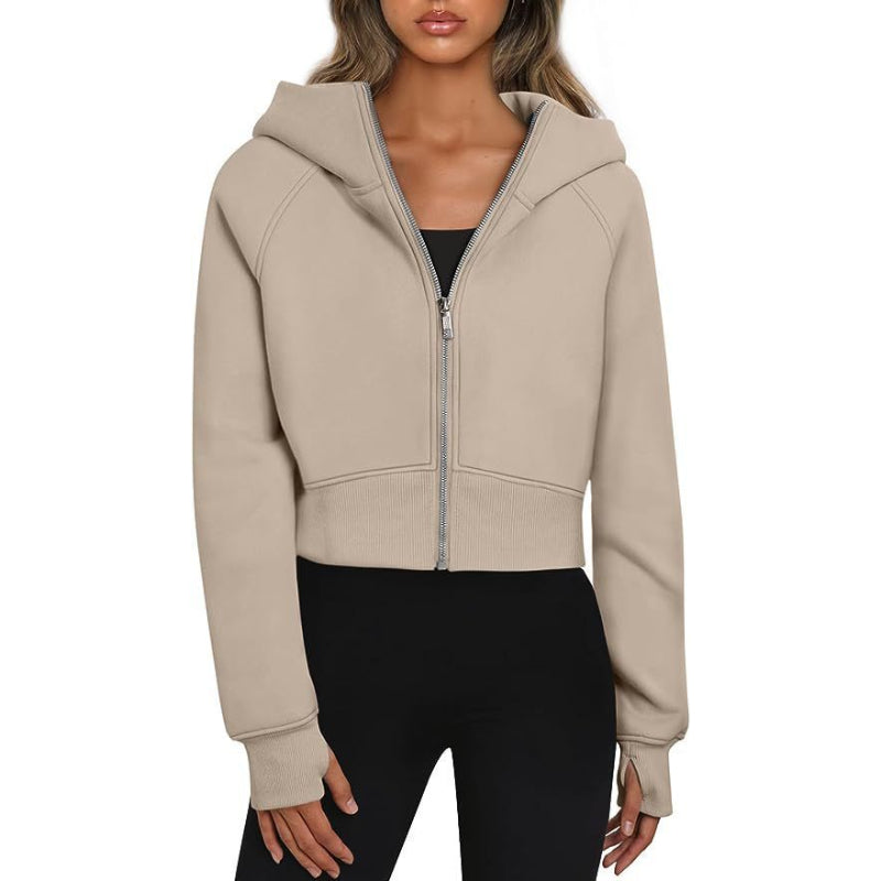 Long Sleeve Casual Velvet Zipper Short Sweatshirt Hoodie