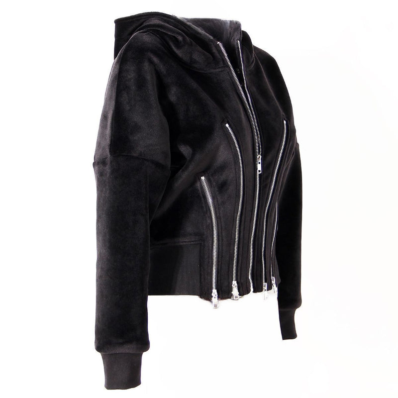 Multi Metal Zipper Split Thick Velvet Hoodie