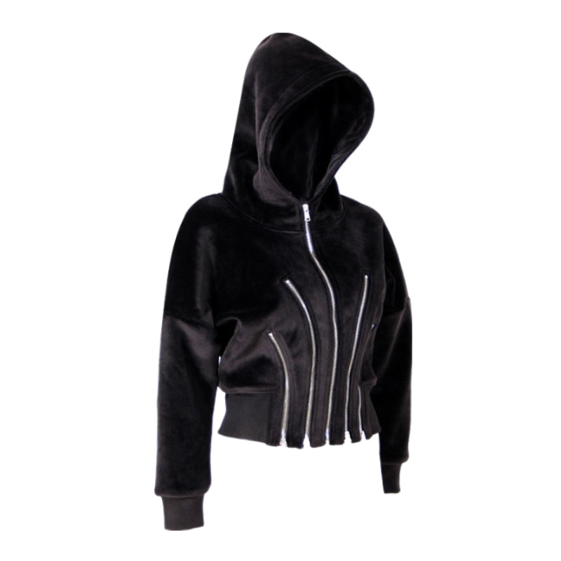 Multi Metal Zipper Split Thick Velvet Hoodie