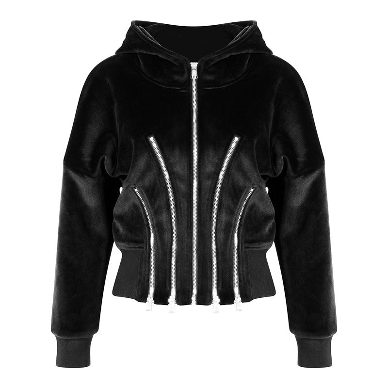 Multi Metal Zipper Split Thick Velvet Hoodie