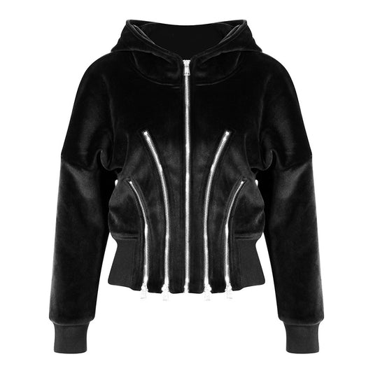 Multi Metal Zipper Split Thick Velvet Hoodie