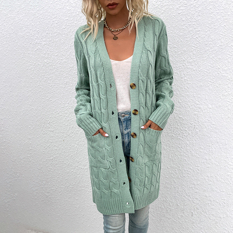 Casual Long Cable Knitted With Pockets Cardigan