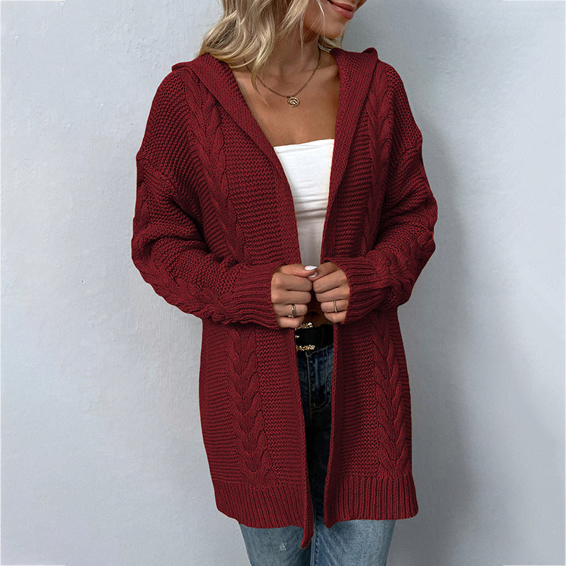 Casual Hooded Twist Pattern Knitwear Cardigan