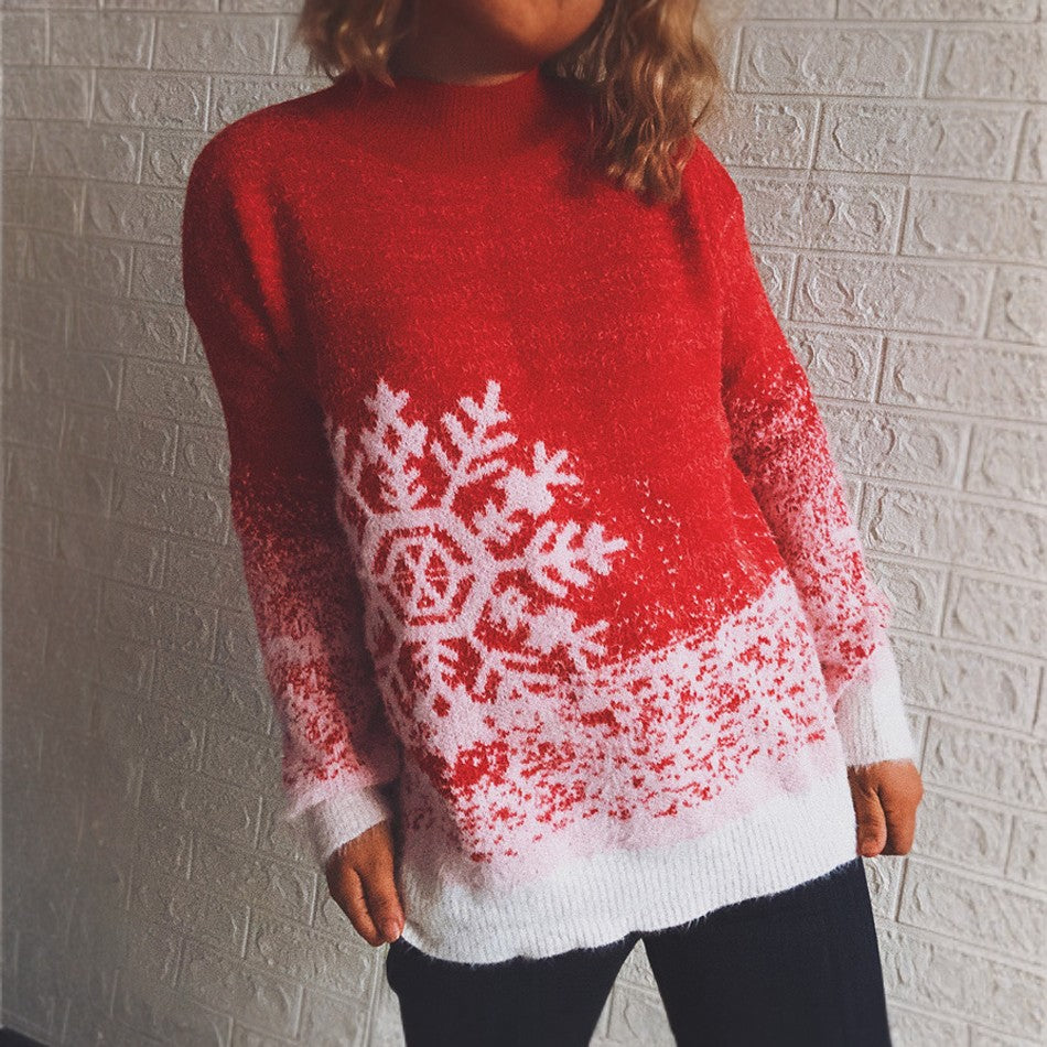 Christmas Half High Collar Snowflake Knitted Pullover Sweater