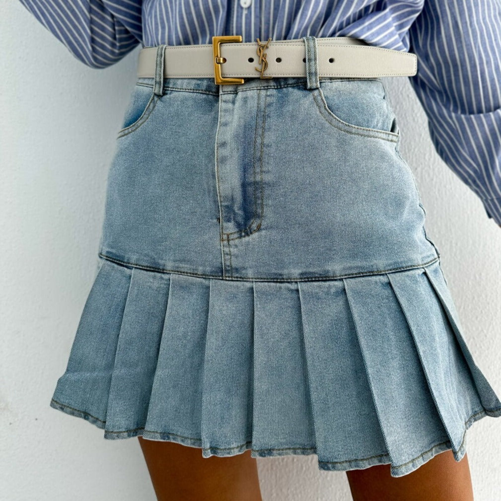 Beltless Pleated Denim Skirt