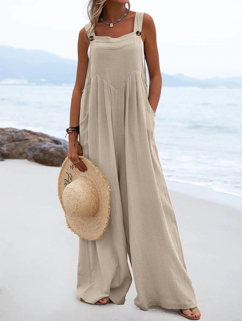 Ethnic Style Summer Solid Color Wide Leg Jumpsuit