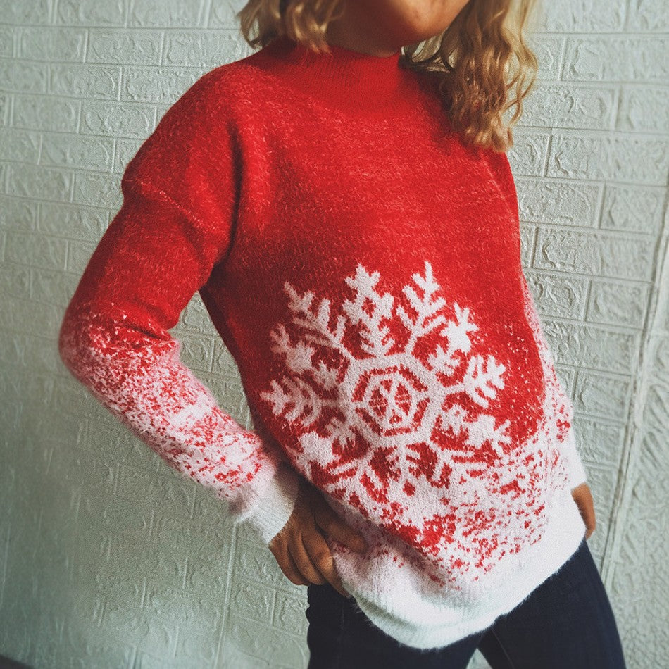 Christmas Half High Collar Snowflake Knitted Pullover Sweater