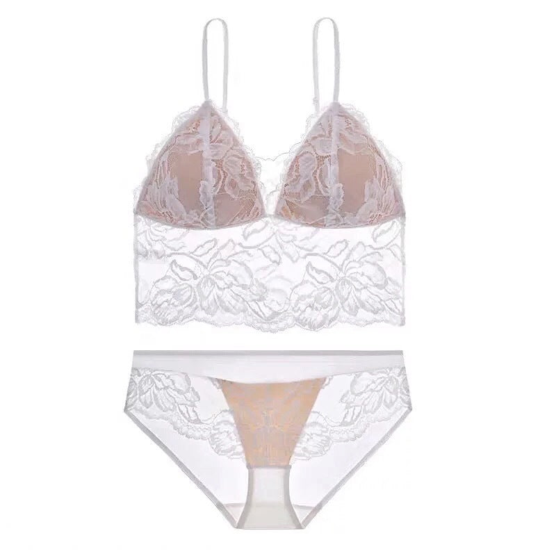 Ensemble soutien-gorge et culotte en dentelle brodée à fines bretelles fines