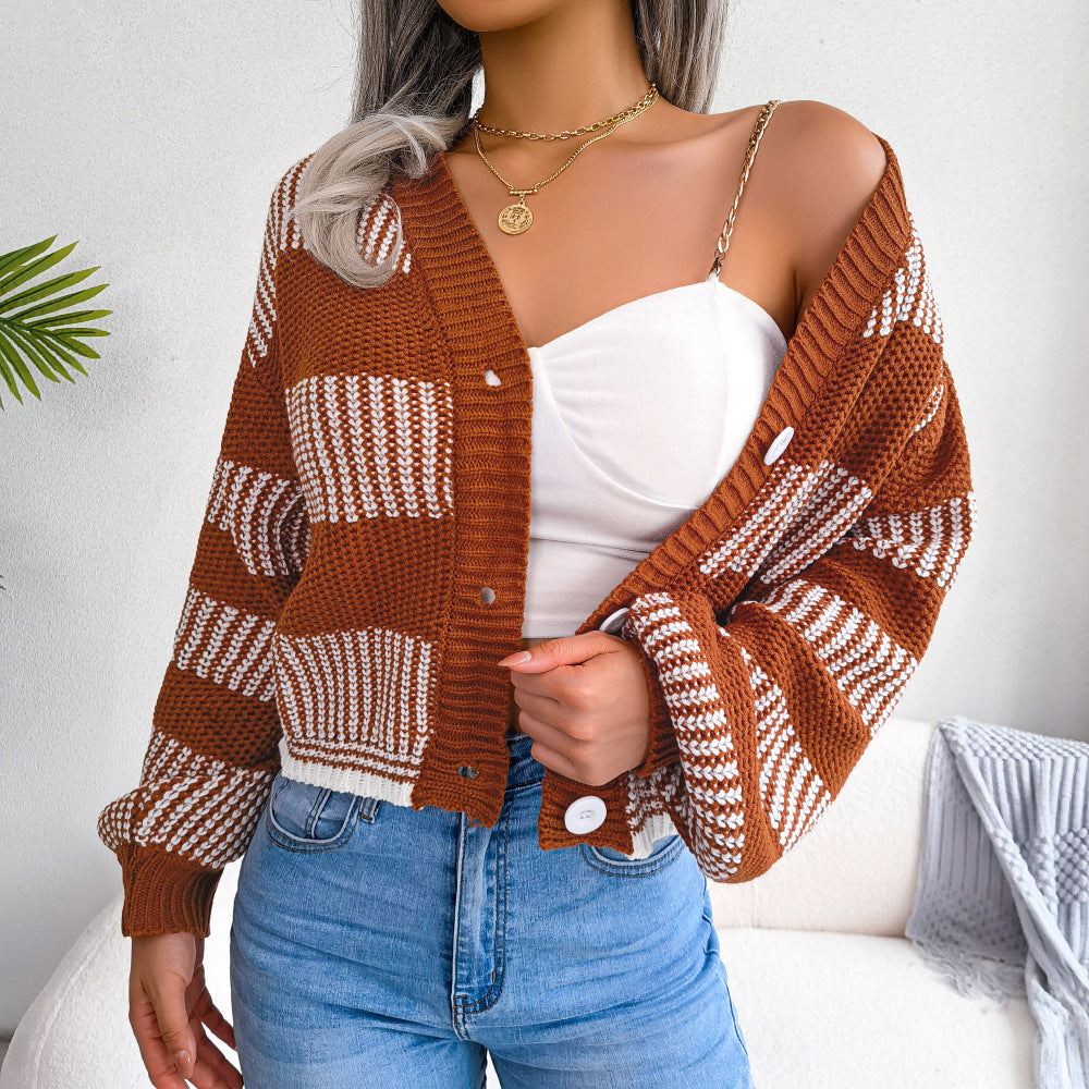 Elegant Lantern Sleeve Striped Sweater Cardigan