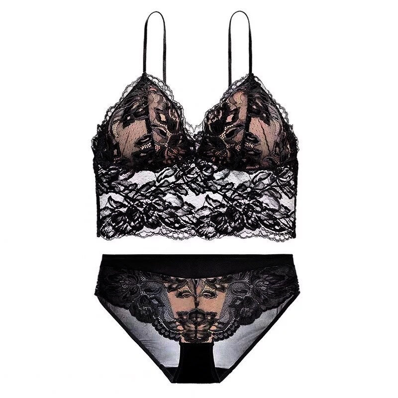 Ensemble soutien-gorge et culotte en dentelle brodée à fines bretelles fines