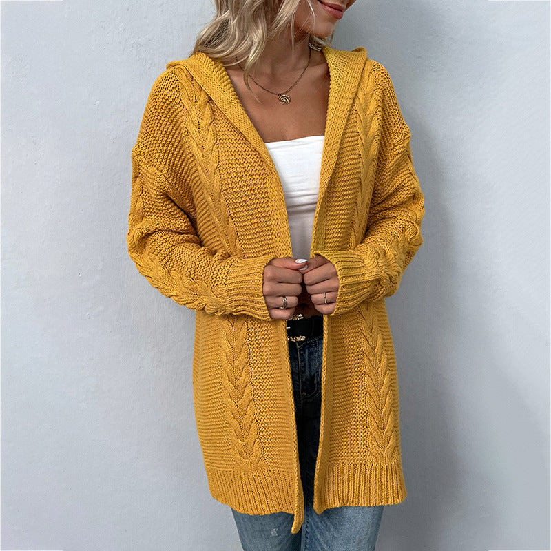 Casual Hooded Twist Pattern Knitwear Cardigan