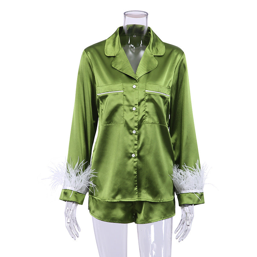 Artificial Silk Feather Detachable Long Sleeve Shorts Pajamas