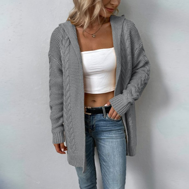 Casual Hooded Twist Pattern Knitwear Cardigan