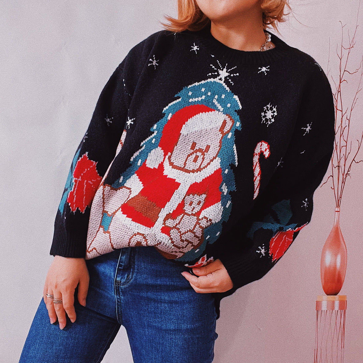 Lässiger, dicker Pullover mit Weihnachtsbär-Stickerei