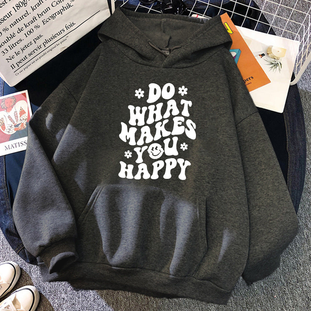 Lässiger Kapuzenpullover mit Aufdruck „Do What Makes You Happy“.