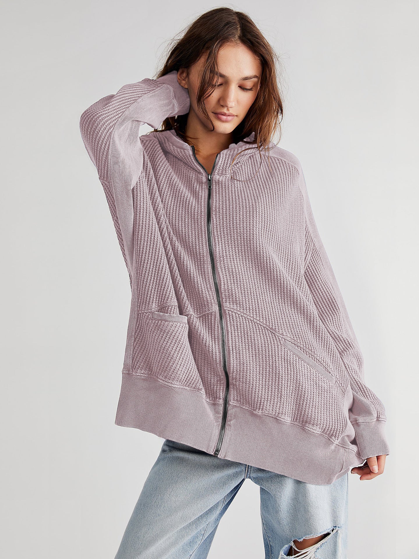 Langer Cardigan-Hoodie mit Reißverschluss und offener Vorderseite