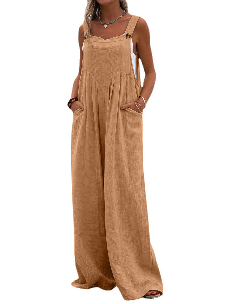 Ethnic Style Summer Solid Color Wide Leg Jumpsuit