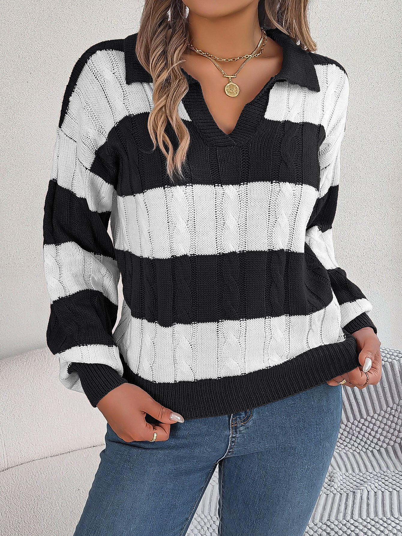 Winter Twist Lantern Striped Casual Pullover Sweater