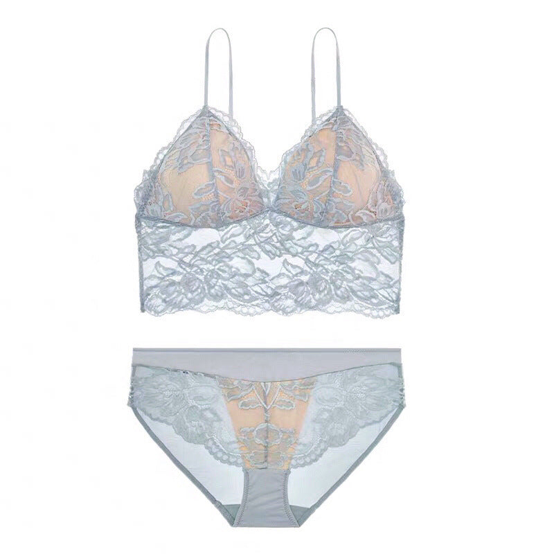 Ensemble soutien-gorge et culotte en dentelle brodée à fines bretelles fines