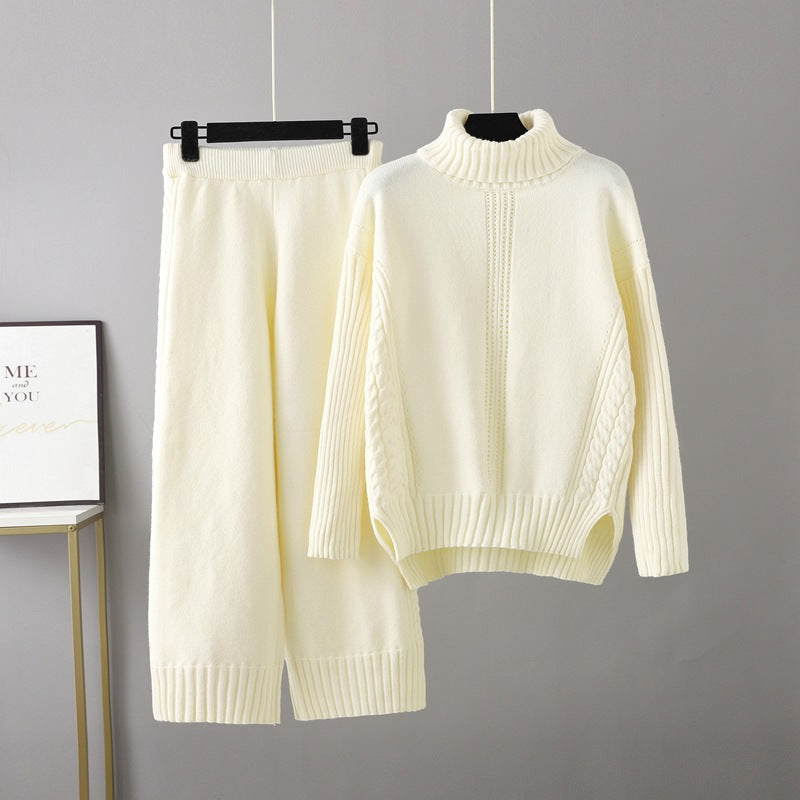 Two Pieces Casual Knitted Sweater Wide Bottom Pant Set