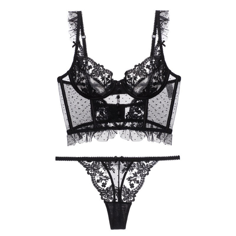 Elegant Embroidered Lace Bra T Shaped Panty Set