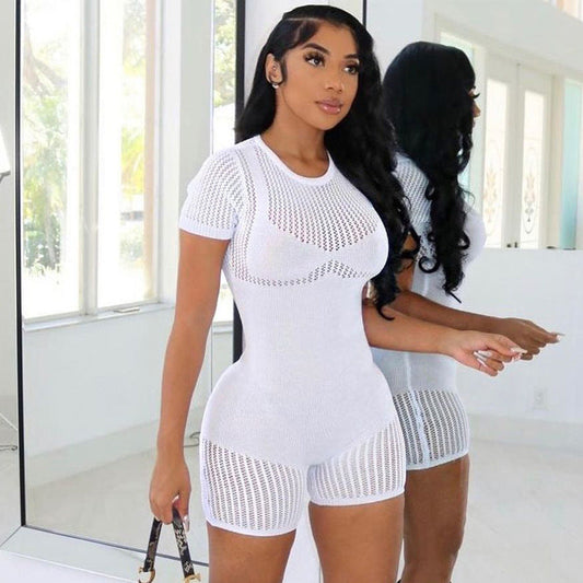 Short Sleeve Zipper Knitted Short Romper