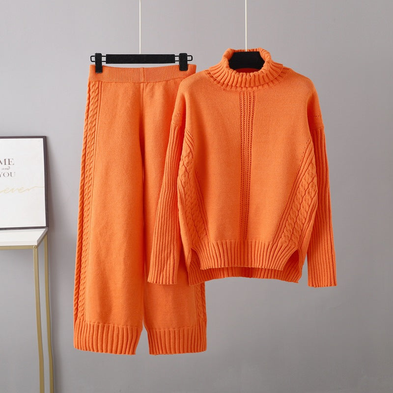 Two Pieces Casual Knitted Sweater Wide Bottom Pant Set