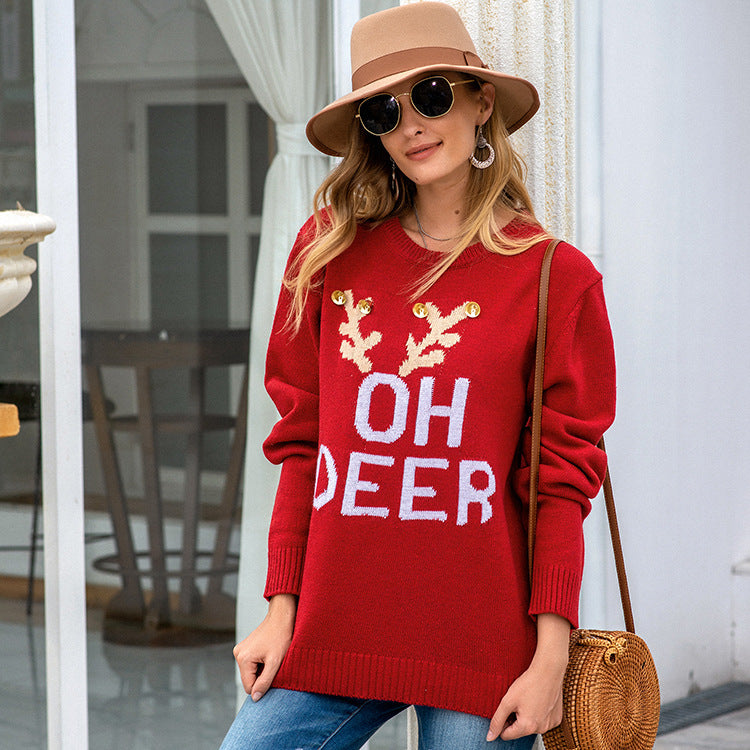 OH DEER Printed Long Sleeve Pullover Sweater