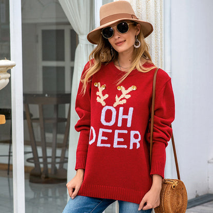 OH DEER Printed Long Sleeve Pullover Sweater
