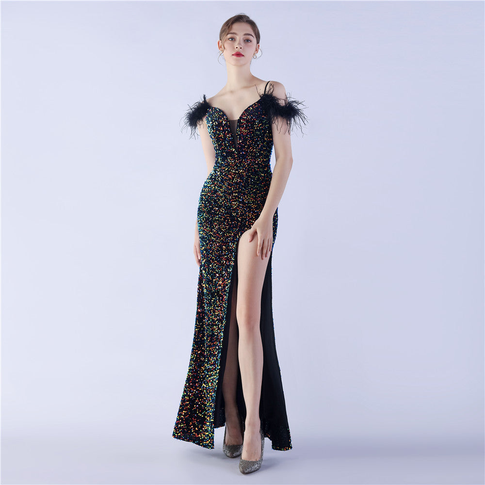 Crafted Feather High Density Sequined Long Dress