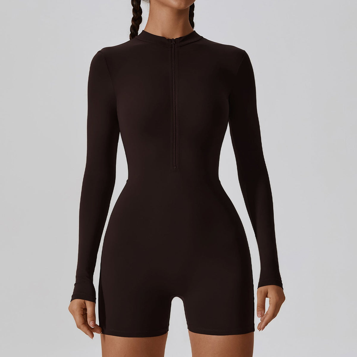 Open Collar Long Sleeve Zipper Rompers