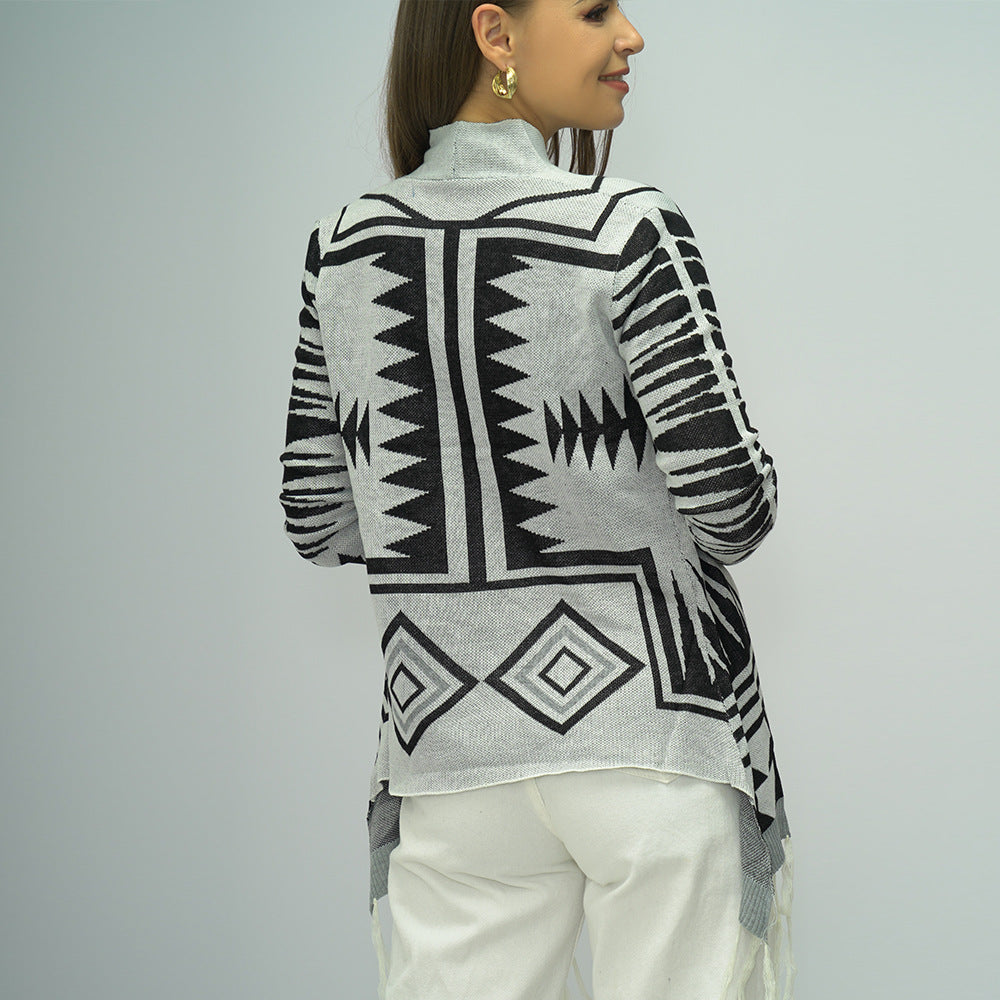 Winter Diamond Plaid Tassel Knitted Cardigan Sweater