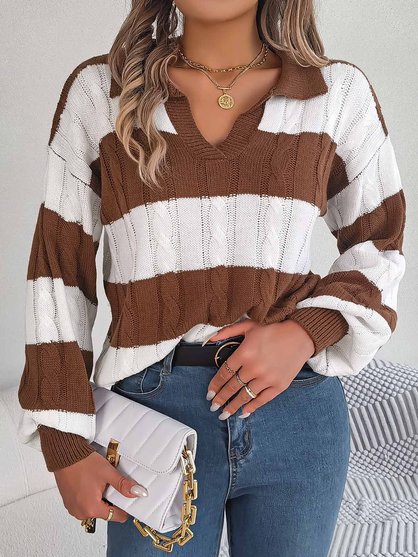 Winter Twist Lantern Striped Casual Pullover Sweater