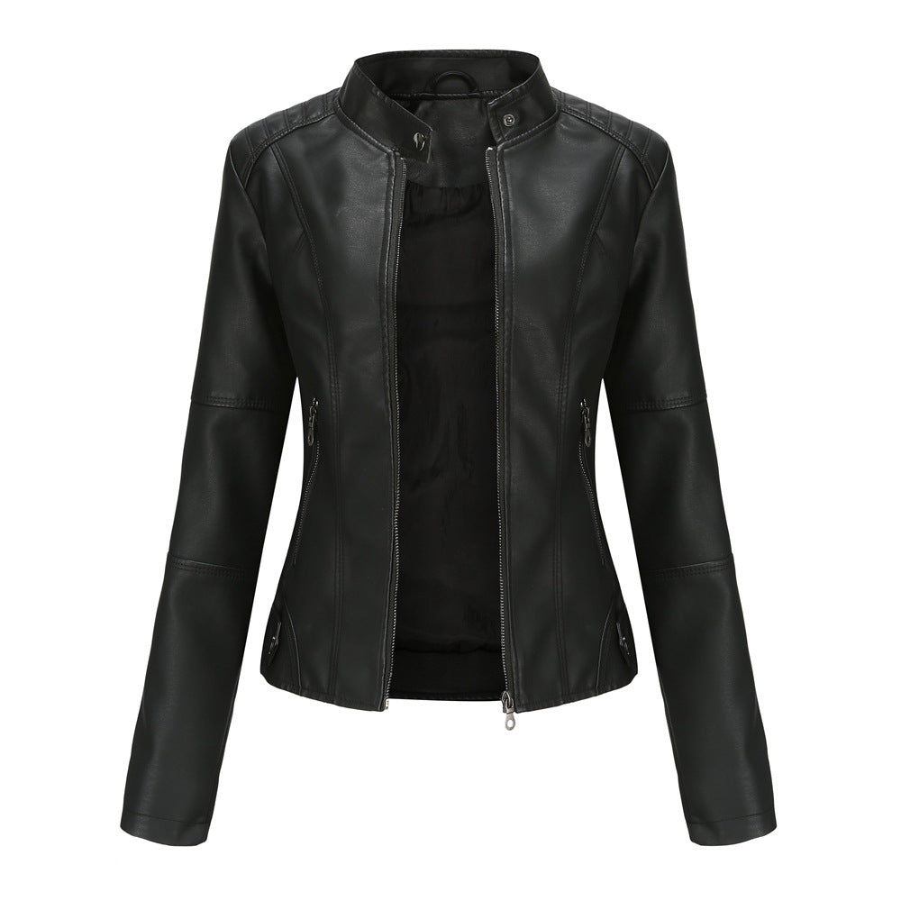 Stand Collar Zipper Leather Jacket Coat