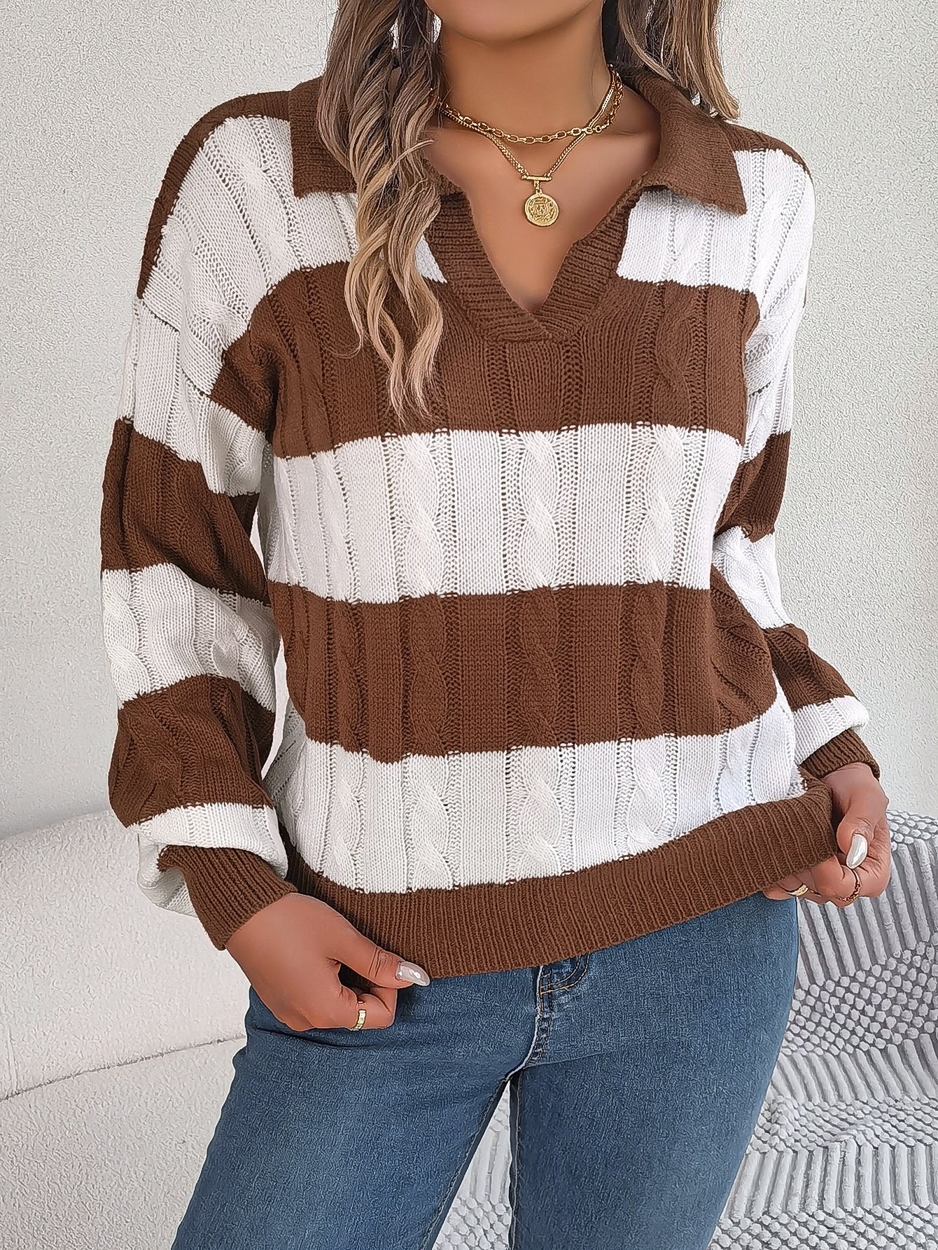 Winter Twist Lantern Striped Casual Pullover Sweater