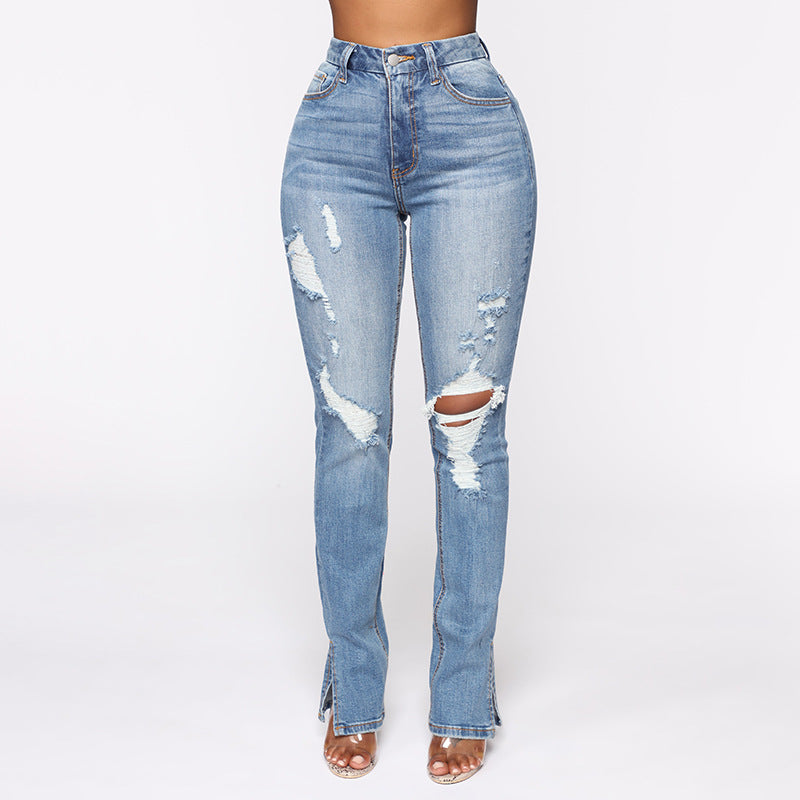 Casual Ripped Hem Split Stretchy Jeans